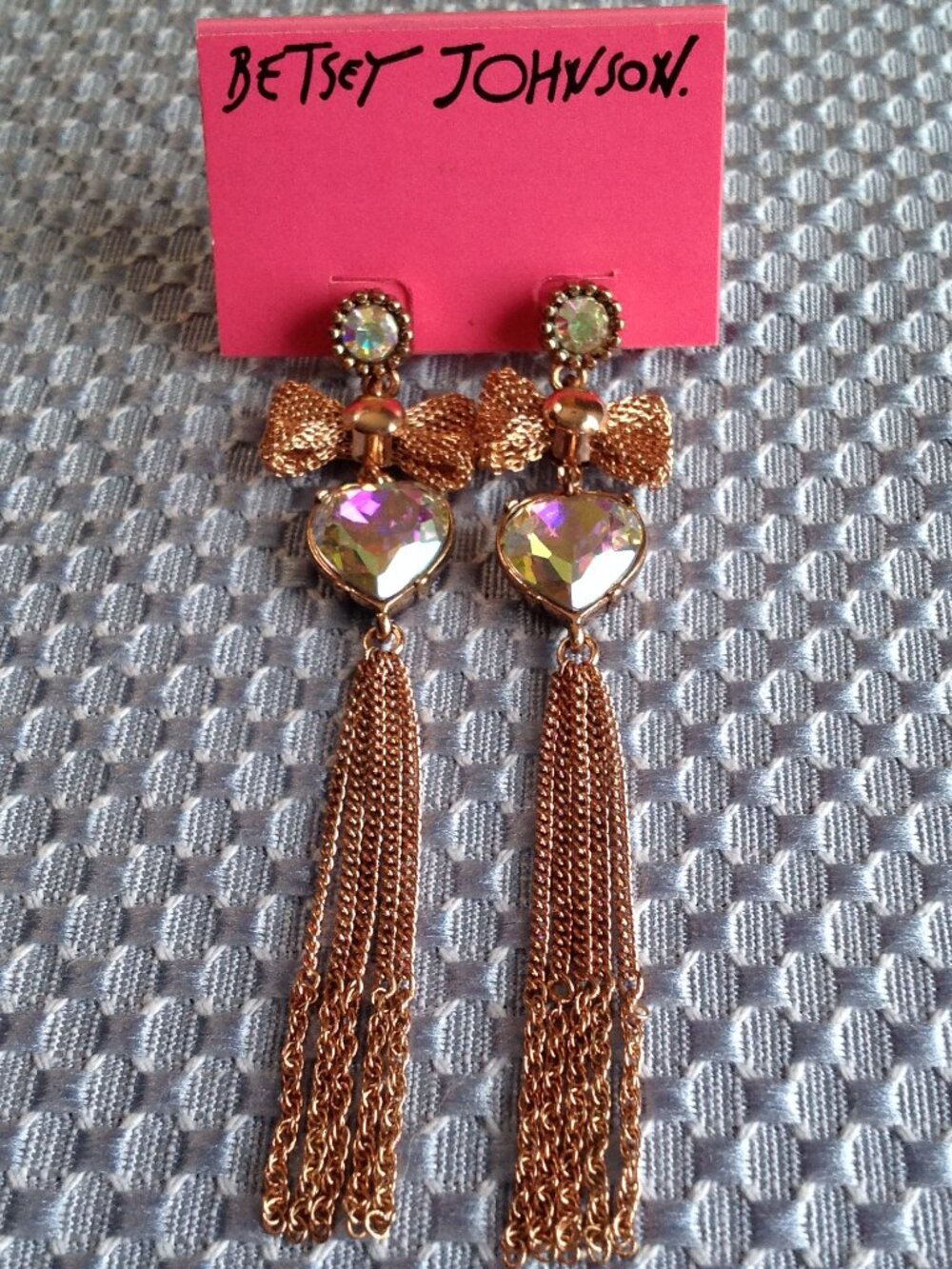 Betsey Johnson Bow Heart Rhinestone Dangle Tassel Chain Pierced Earrings